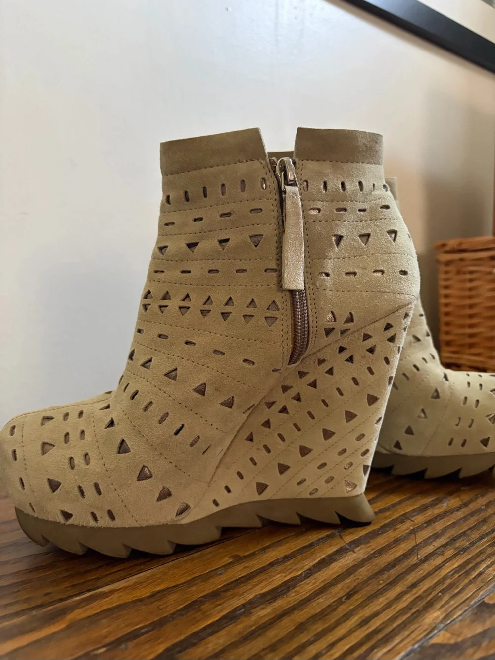 Cutout Suede Wedge Ankle Boots in Taupe